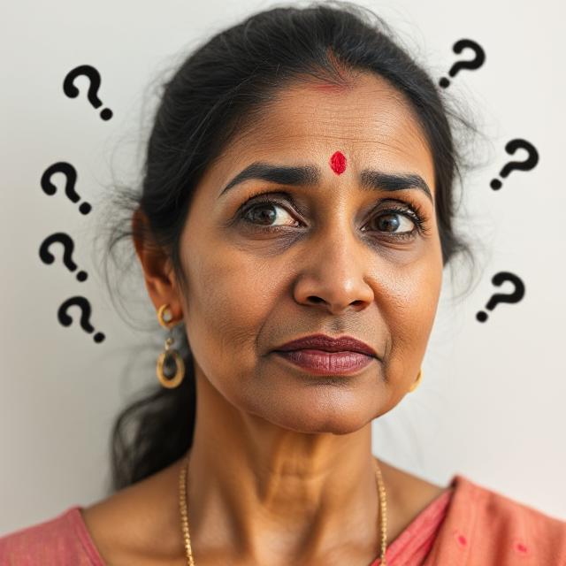 A woman with a bindi on her forehead, looking thoughtful or confused, with question marks floating around her head.