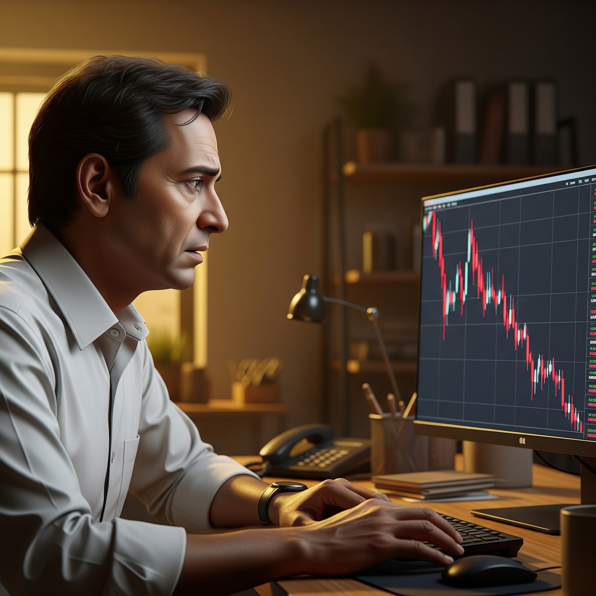 A man looking at a falling stock market chart with concern.