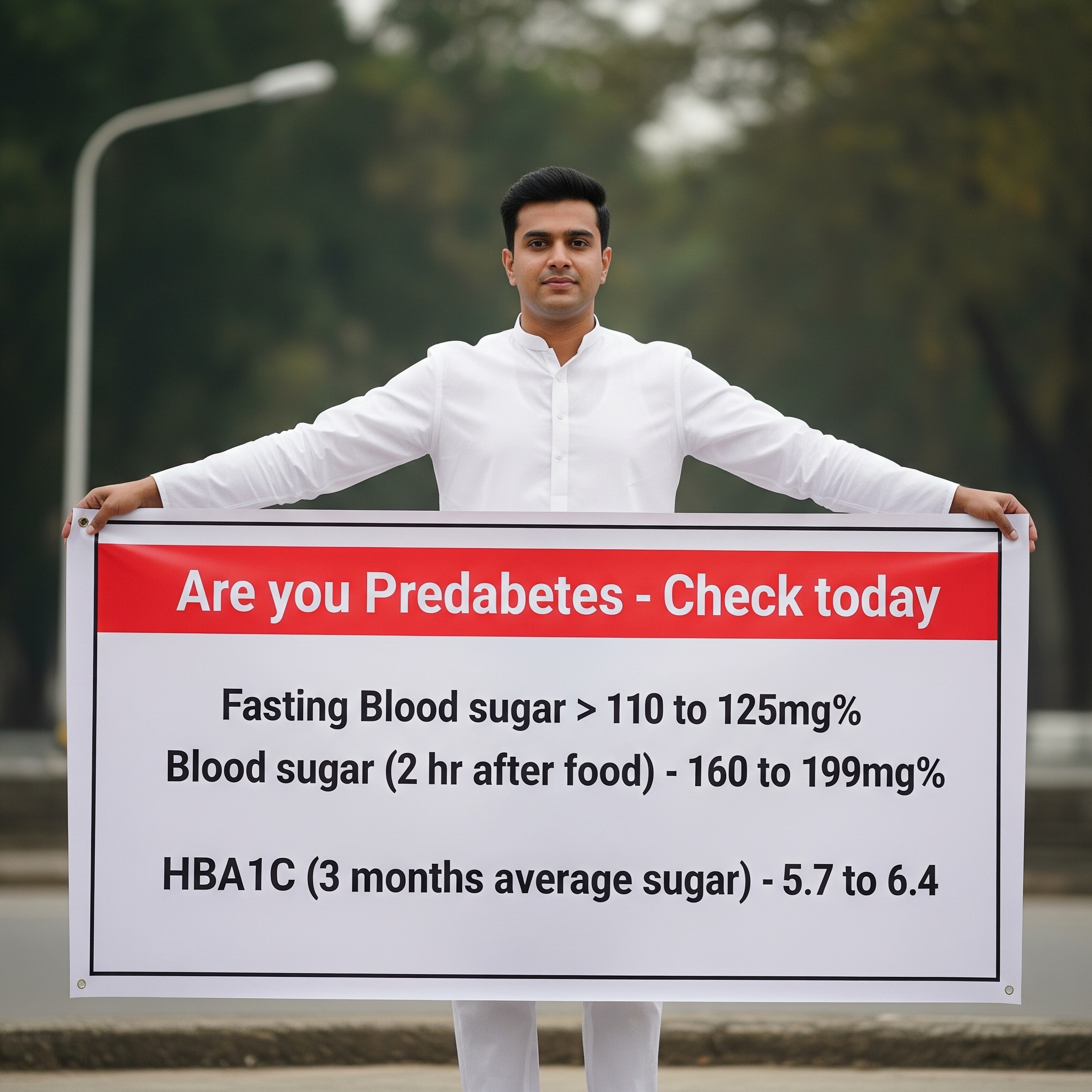 A man holding a sign displaying the blood sugar and HbA1c ranges that indicate prediabetes.