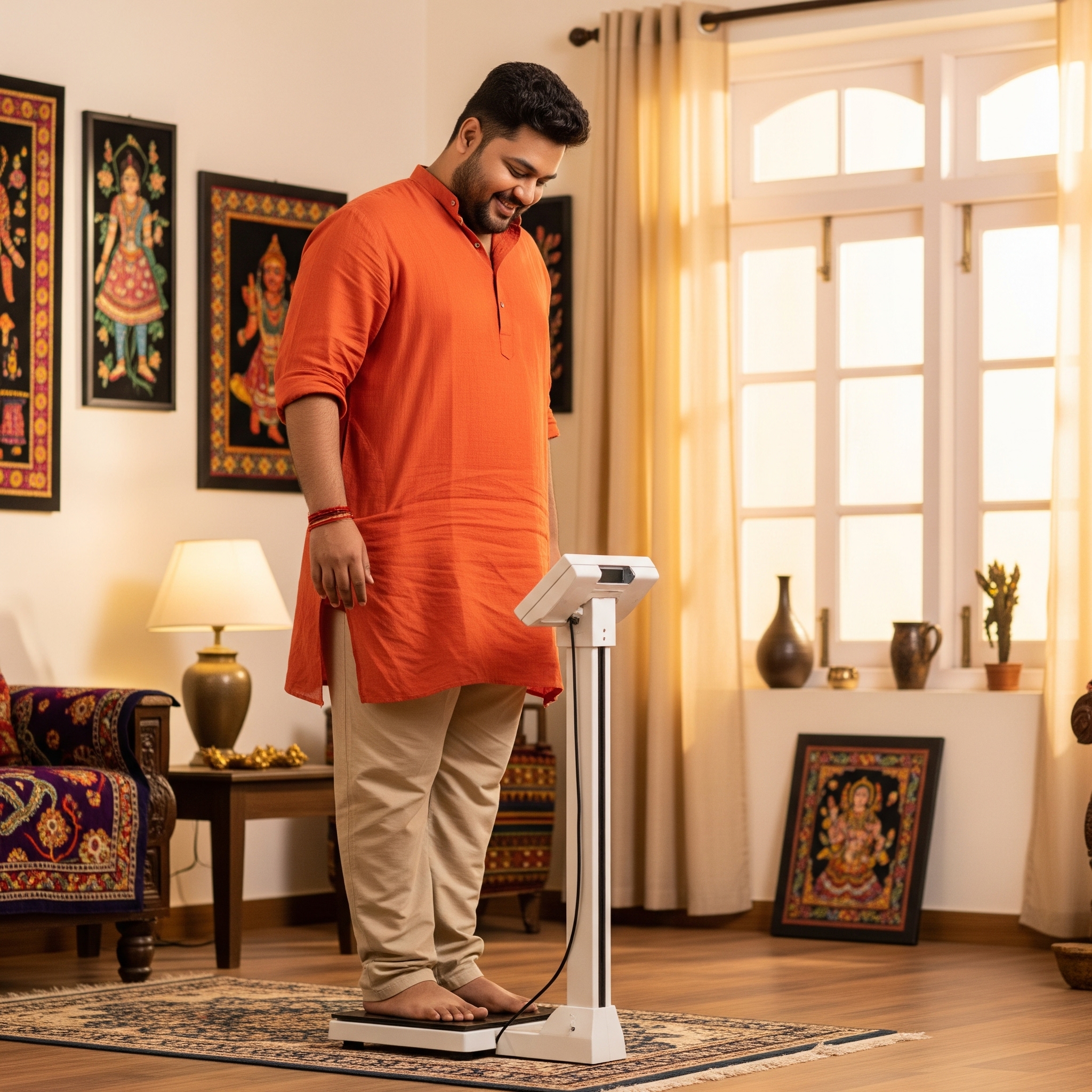 A smiling man in traditional attire checking his weight on a scale at home.